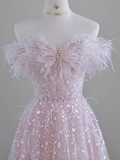 Pretty A line Off The Shoulder Pink Sequin Long Evening Party Dress Prom Dresses HZ1022