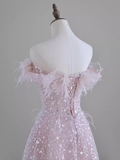Pretty A line Off The Shoulder Pink Sequin Long Evening Party Dress Prom Dresses HZ1022