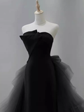 Vintage Sheath Strapless Satin Black Tulle Long Prom Dress Formal Dresses HZ1022