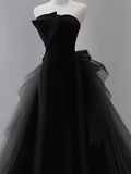 Vintage Sheath Strapless Satin Black Tulle Long Prom Dress Formal Dresses HZ1022