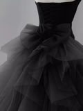 Vintage Sheath Strapless Satin Black Tulle Long Prom Dress Formal Dresses HZ1022