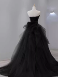 Vintage Sheath Strapless Satin Black Tulle Long Prom Dress Formal Dresses HZ1022