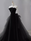 Vintage Sheath Strapless Satin Black Tulle Long Prom Dress Formal Dresses HZ1022