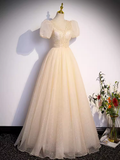 Pretty A line V Neckline Short Sleeves Long Evening Party Dress Prom Dresses HZ1022