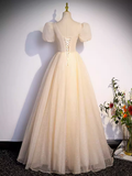 Pretty A line V Neckline Short Sleeves Long Evening Party Dress Prom Dresses HZ1022