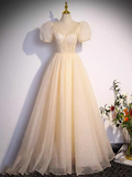 Pretty A line V Neckline Short Sleeves Long Evening Party Dress Prom Dresses HZ1022