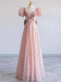 Pretty A line Sweetheart Short Sleeves Long Evening Party Dress Pink Prom Dresses HZ1022