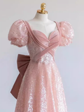 Pretty A line Sweetheart Short Sleeves Long Evening Party Dress Pink Prom Dresses HZ1022