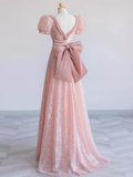 Pretty A line Sweetheart Short Sleeves Long Evening Party Dress Pink Prom Dresses HZ1022