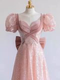 Pretty A line Sweetheart Short Sleeves Long Evening Party Dress Pink Prom Dresses HZ1022