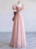 Pretty A line Sweetheart Short Sleeves Long Evening Party Dress Pink Prom Dresses HZ1022