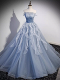 Vintage Ball Gown Strapless Satin Dusty Blue Tulle Long Prom Dress Formal Dresses HZ1022