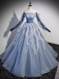 Vintage Ball Gown Strapless Satin Dusty Blue Tulle Long Prom Dress Formal Dresses HZ1022