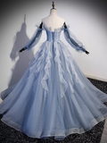 Vintage Ball Gown Strapless Satin Dusty Blue Tulle Long Prom Dress Formal Dresses HZ1022