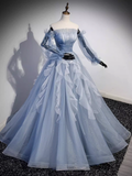 Vintage Ball Gown Strapless Satin Dusty Blue Tulle Long Prom Dress Formal Dresses HZ1022