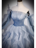 Vintage Ball Gown Strapless Satin Dusty Blue Tulle Long Prom Dress Formal Dresses HZ1022