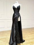 V Neck Satin Lace Long Prom Dress, Lace Long Evening Dress Birthday Outfits HZ1022