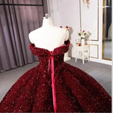 Luxurious Burgundy Ball Gown Off-The-Shoulder Ruffles Prom Dress 22th Birthday Outfits HZ1022