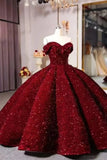 Luxurious Burgundy Ball Gown Off-The-Shoulder Ruffles Prom Dress 22th Birthday Outfits HZ1022