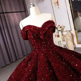 Luxurious Burgundy Ball Gown Off-The-Shoulder Ruffles Prom Dress 22th Birthday Outfits HZ1022