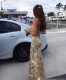 Mermaid Sexy Prom Dress Vintage Backless Lace Prom Dress,Gold Sequin Prom Dress HZ1022