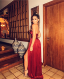 Beautiful A line Burgundy Chiffon Prom Gown Slit Prom Dresses HZ1022