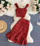 Stylish slim two-piece lattice set summer dress HZ1022