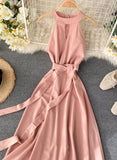 Pink A line chiffon halter dress summer dress HZ1022