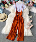 Stylish white t-shirt + strap wide-leg pants HZ1022