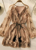 A line v neck sequins long sleeve dress HZ1022