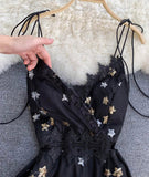Black v neck tulle lace dress with stars sequins HZ1022