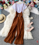 Stylish white t-shirt + strap wide-leg pants HZ1022