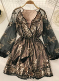 A line v neck sequins long sleeve dress HZ1022