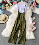 Stylish white t-shirt + strap wide-leg pants HZ1022