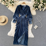 Blue V-neck Velvet Dress, Long Sleeve Fashion Dress HZ1022