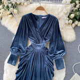 Blue V-neck Velvet Dress, Long Sleeve Fashion Dress HZ1022