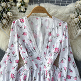White V-neck Floral Long Sleeve Dress HZ1022