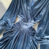 Blue V-neck Velvet Dress, Long Sleeve Fashion Dress HZ1022