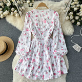White V-neck Floral Long Sleeve Dress HZ1022