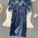 Blue V-neck Velvet Dress, Long Sleeve Fashion Dress HZ1022