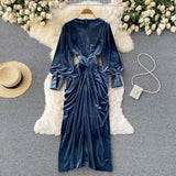 Blue V-neck Velvet Dress, Long Sleeve Fashion Dress HZ1022