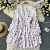 White V-neck Floral Long Sleeve Dress HZ1022