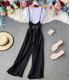 Stylish white t-shirt + strap wide-leg pants HZ1022