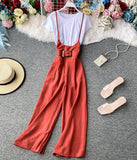 Stylish white t-shirt + strap wide-leg pants HZ1022