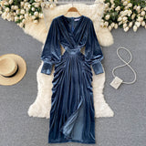 Blue V-neck Velvet Dress, Long Sleeve Fashion Dress HZ1022