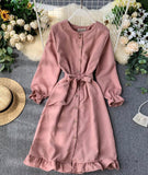 Long Sleeve Ruffle Hem Button Down Dress HZ1022