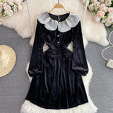 Black Velvet A-line Long Sleeve Dress, Black Fashion Dress HZ1022
