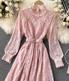 Elegant O-neck Lace Long Sleeve Dress HZ1022