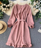 Long Sleeve Ruffle Hem Button Down Dress HZ1022