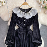 Black Velvet A-line Long Sleeve Dress, Black Fashion Dress HZ1022